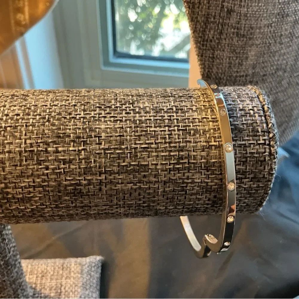 Silvertone Bangle Bracelet with Clear Crystals Gem Accents